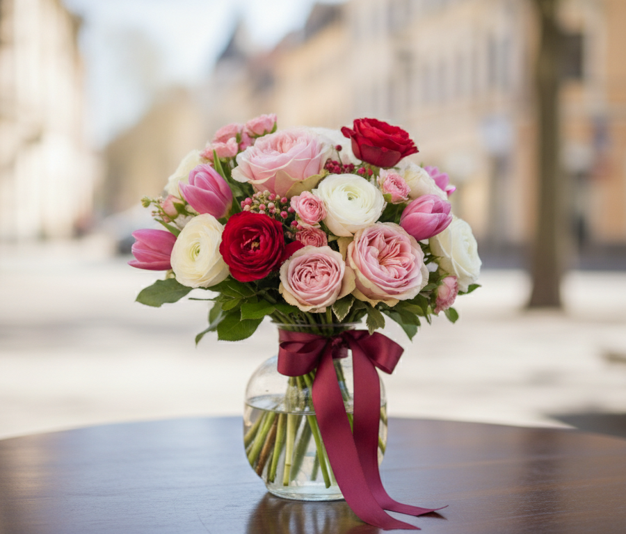 Lush bouquet of roses, tulips and ranunculus in pink, red and white — ideal flowers for a date, tied with burgundy ribbon
