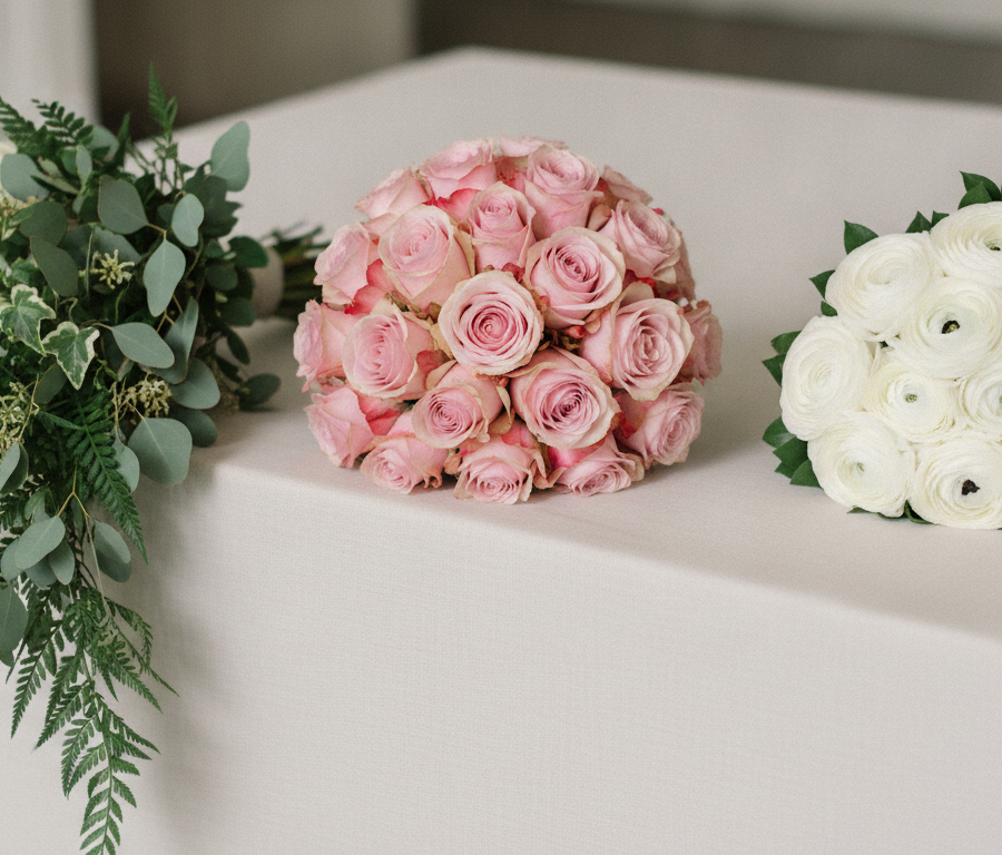 Three Bitolia wedding bouquets — cascading green foliage, round pink roses and white ranunculus arranged on a light surface