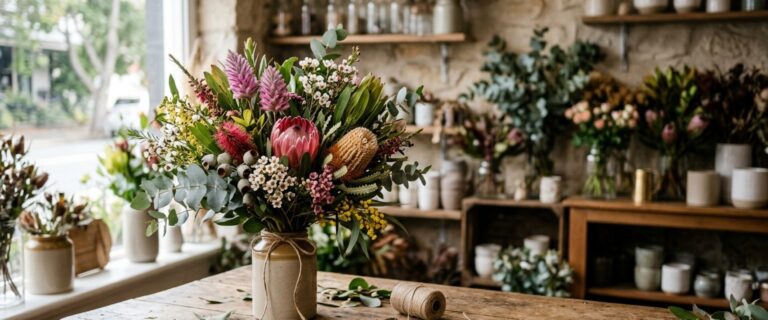 Bitolia Flower Boutique | Anniversary Bouquet Ideas: A Sylvania Florist's Guide A hand-tied bouquet showing anniversary bouquet ideas using Australian native flowers in a Sylvania florist boutique