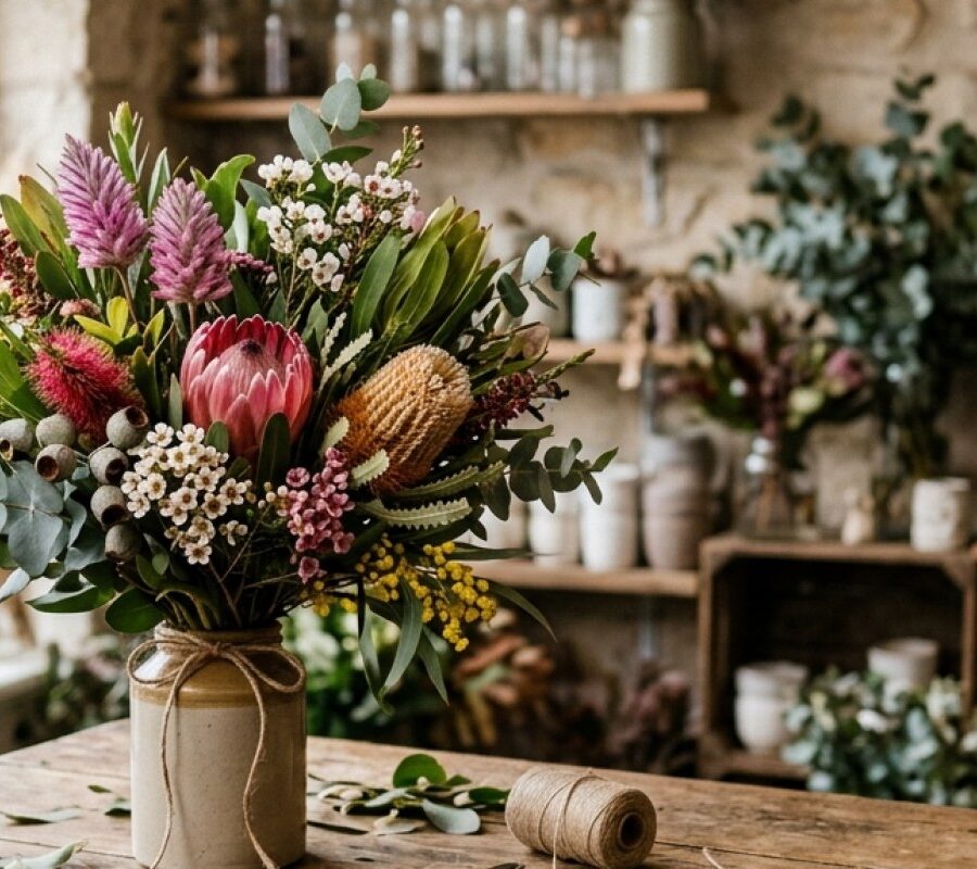 A hand-tied bouquet showing anniversary bouquet ideas using Australian native flowers in a Sylvania florist boutique