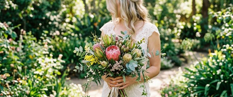 Bitolia Flower Boutique | Bridal Bouquet Trends for Sutherland Shire Weddings Loose hand-tied bridal bouquet reflecting current bridal bouquet trends with native flowers and trailing greenery