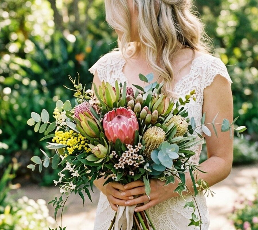 Loose hand-tied bridal bouquet reflecting current bridal bouquet trends with native flowers and trailing greenery