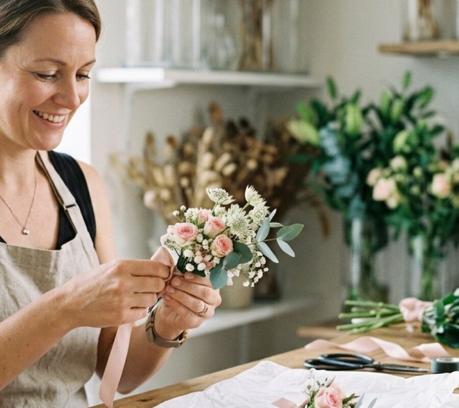 Florist hand-tying a wrist corsage for school formal flowers Sutherland Shire families order ahead of formal season